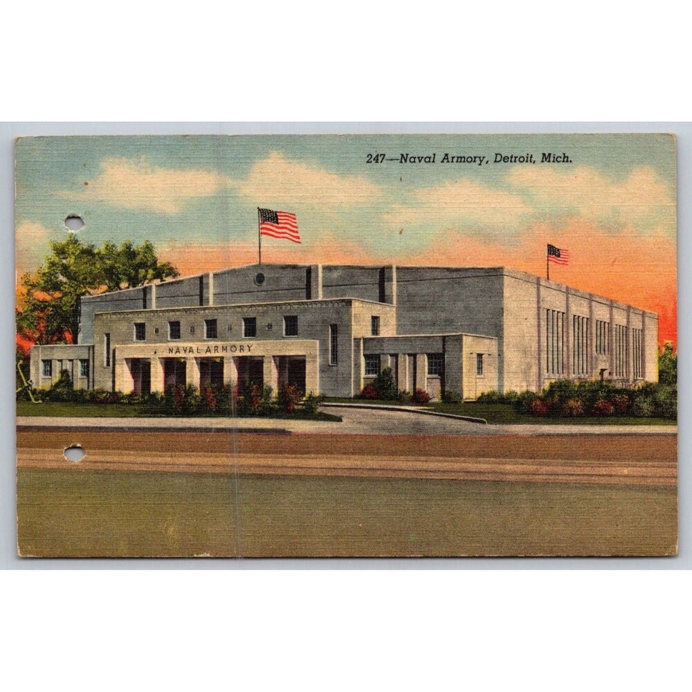 Vintage 1943 Navel Reserve Armory Detroit Michigan MI Postcard Linen *READ*